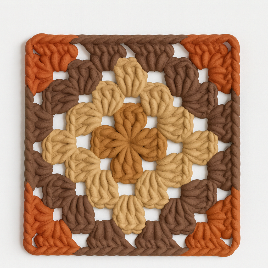 3D-printed wall art resembling a crocheted granny square