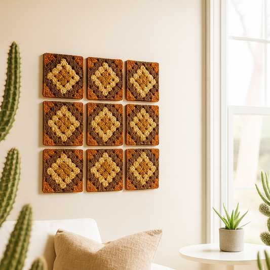 3D-printed wall art resembling a crocheted granny square