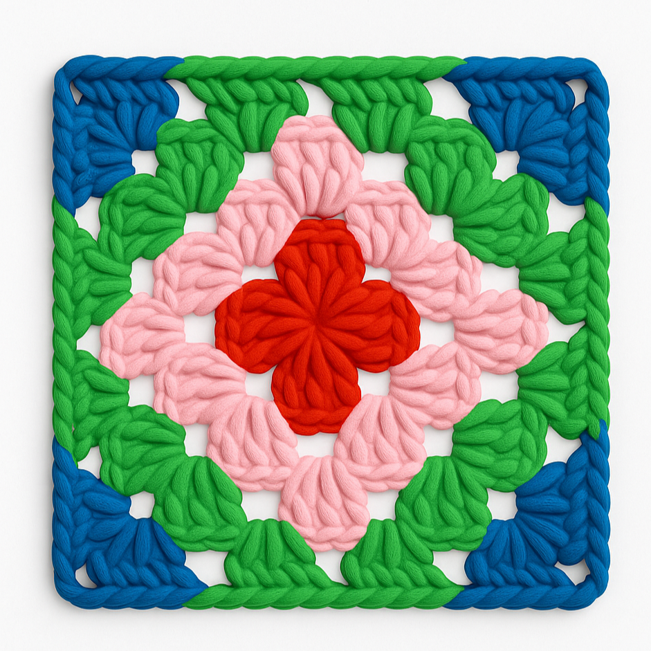 3D-printed wall art resembling a crocheted granny square