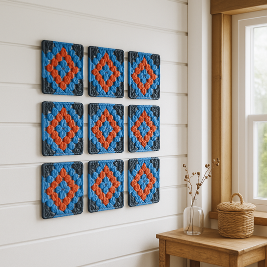 3D-printed wall art resembling a crocheted granny square