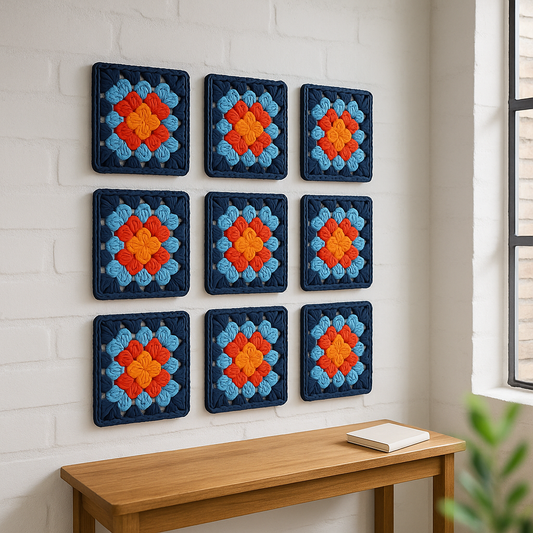 3D-printed wall art resembling a crocheted granny square