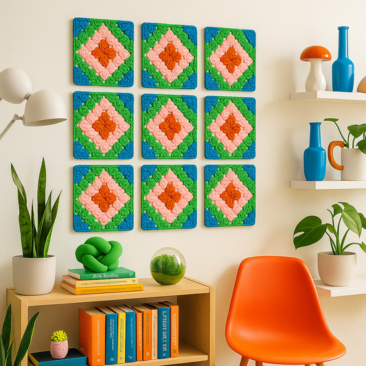 3D-printed wall art resembling a crocheted granny square