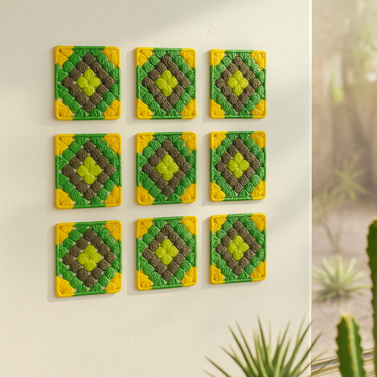 3D-printed wall art resembling a crocheted granny square