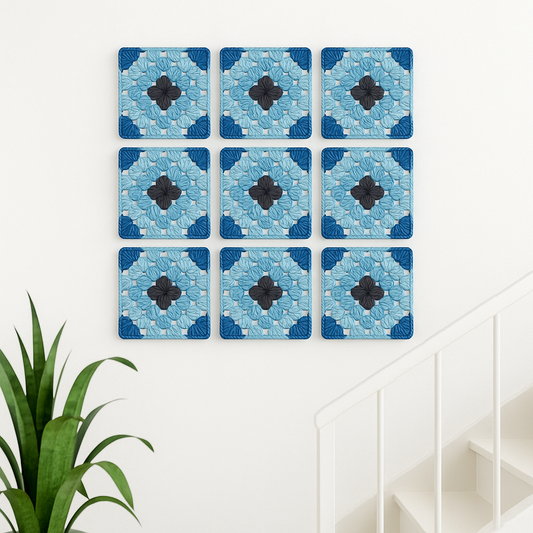 3D-printed wall art resembling a crocheted granny square