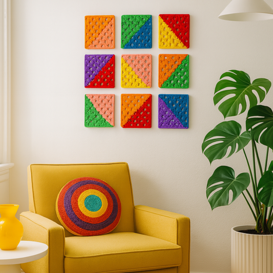 3D-printed wall art resembling a crocheted granny square