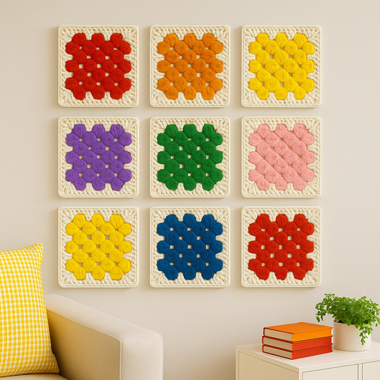 3D-printed wall art resembling a crocheted granny square