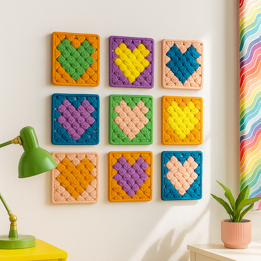3D-printed wall art resembling a crocheted granny square