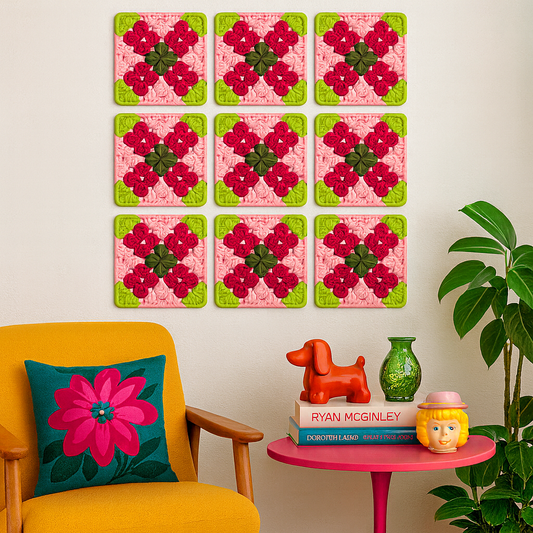 3D-printed wall art resembling a crocheted granny square