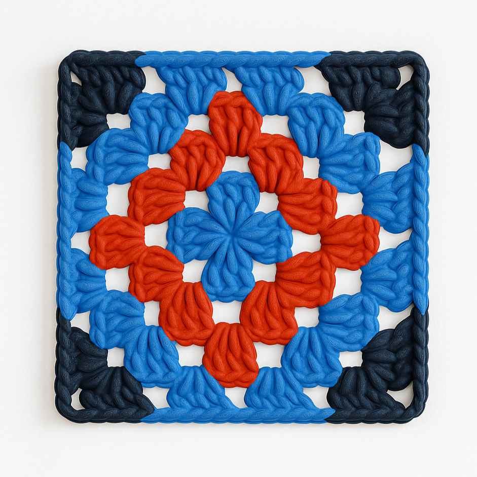 3D-printed wall art resembling a crocheted granny square