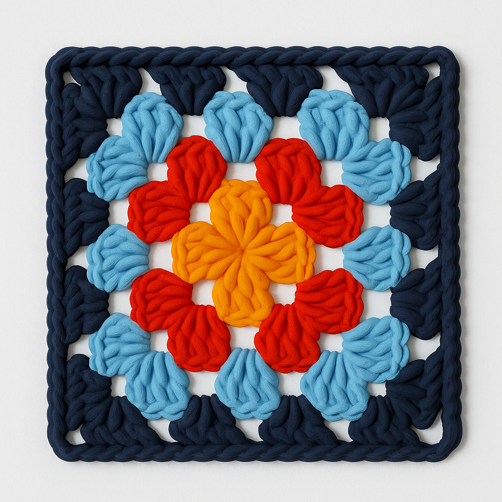 3D-printed blue, red, and orange crocheted granny square on a white background, viewed from above.