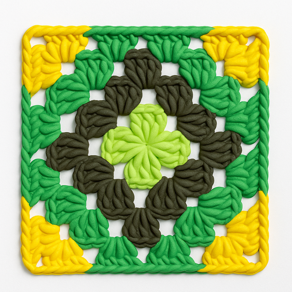 3D-printed wall art resembling a crocheted granny square