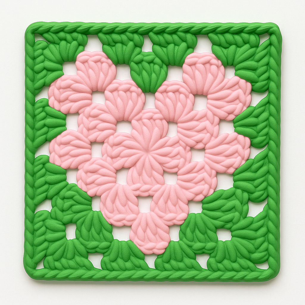3D-printed green crocheted granny square with pink heart, viewed from above.