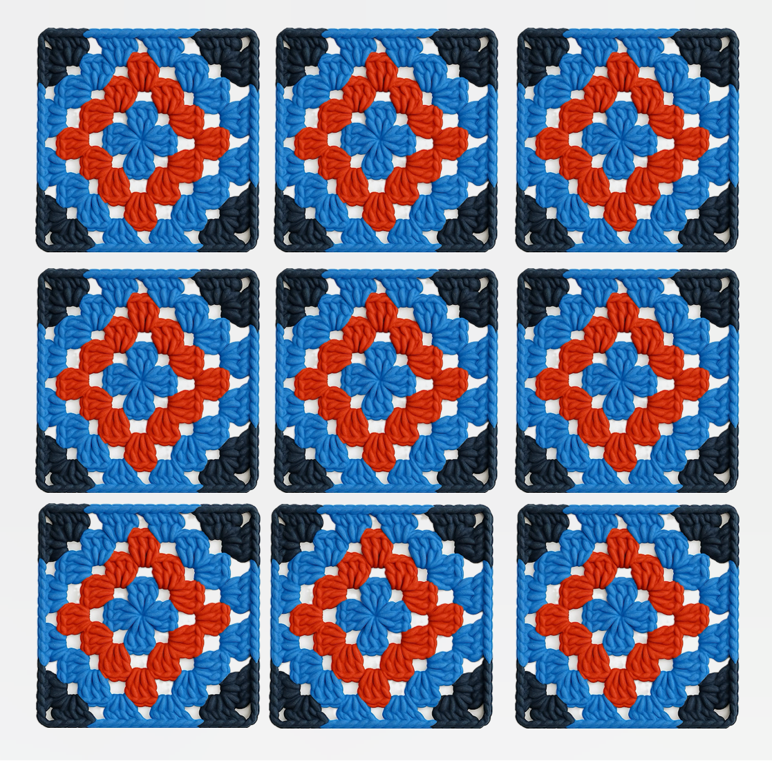 3D-printed wall art resembling a crocheted granny square