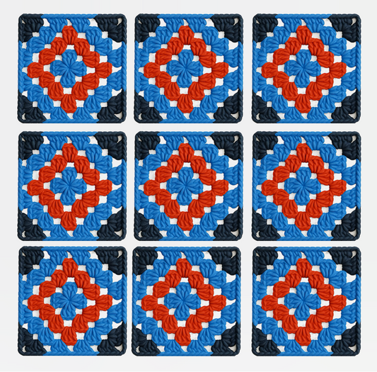 3D-printed wall art resembling a crocheted granny square