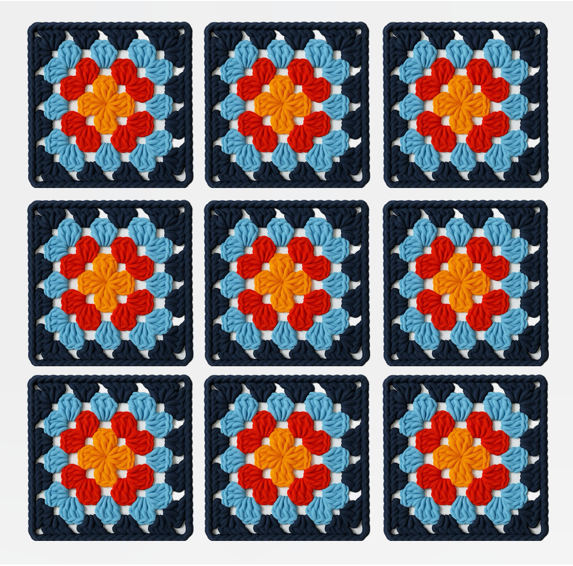 3D-printed wall art resembling a crocheted granny square