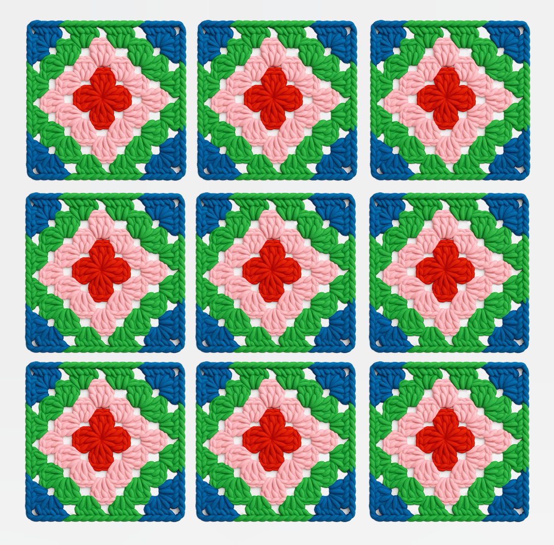 3D-printed wall art resembling a crocheted granny square