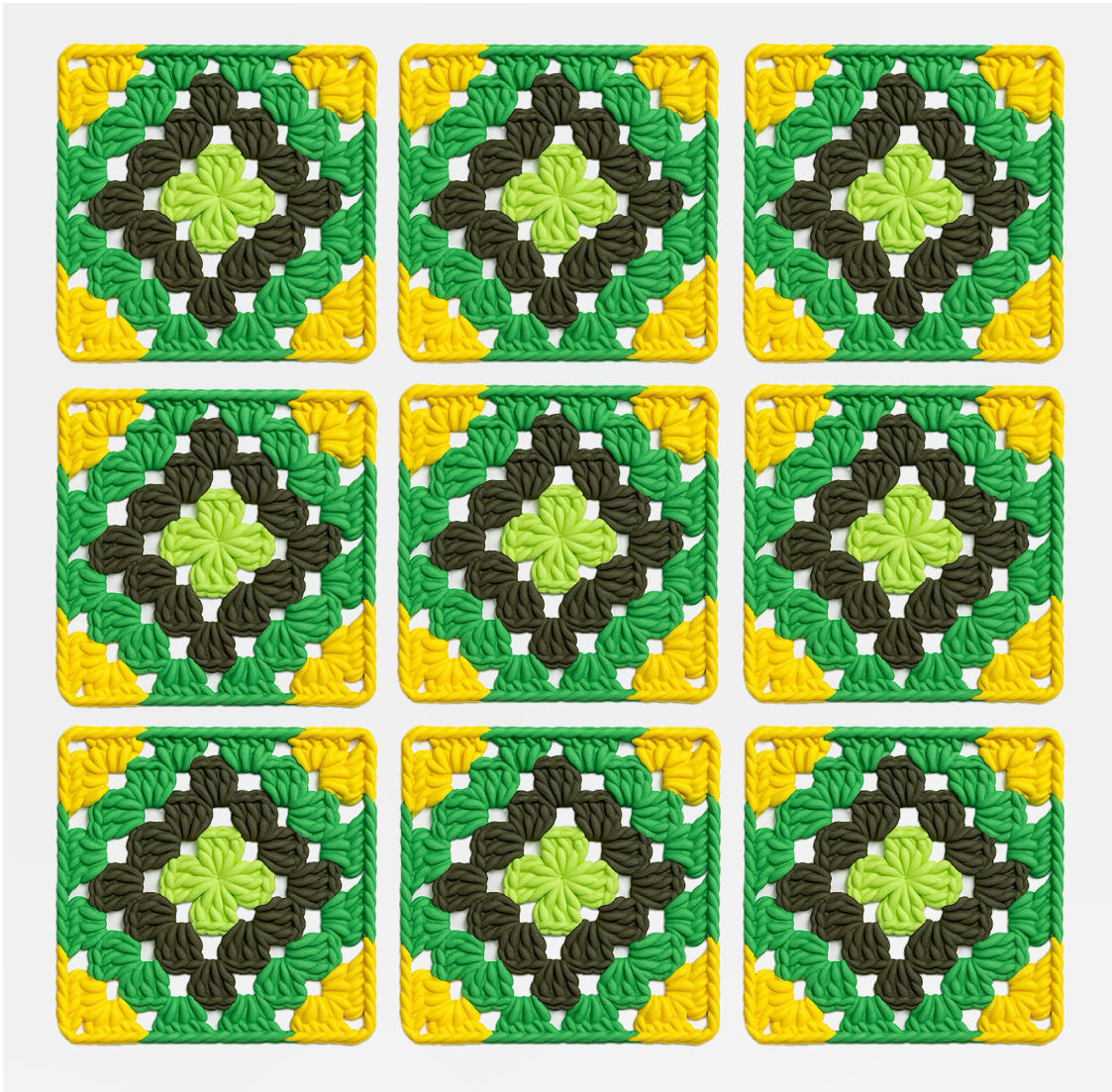 3D-printed wall art resembling a crocheted granny square