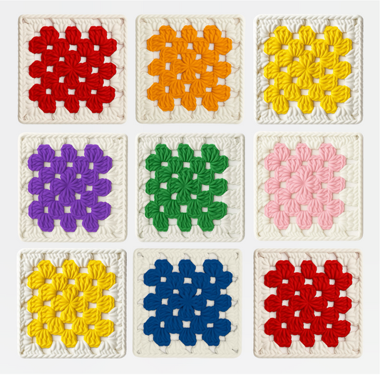 3D-printed wall art resembling a crocheted granny square