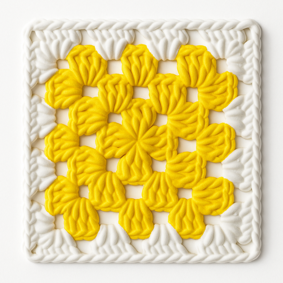 Yellow crocheted granny square with a white border, viewed from above.