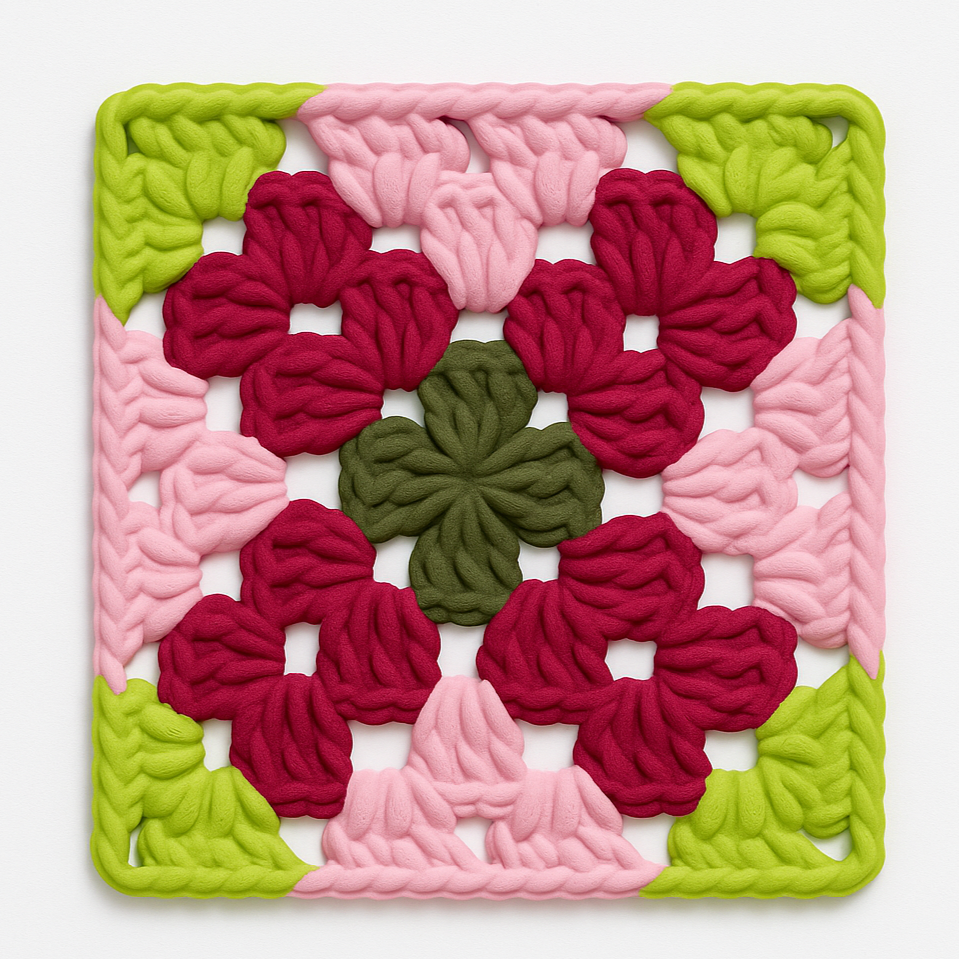 3D-printed wall art resembling a crocheted granny square